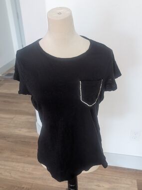 INC International Concepts Black Short Sleeve Tee with Rhinestone Pocket